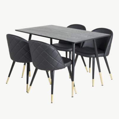 Must söögilauakomplekt Dipp (laud 120 cm, 4 musta PU-kattega tooli, kuldsete detailidega) - GR20006