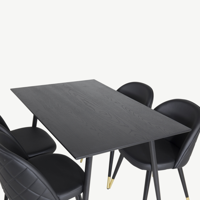 Must söögilauakomplekt Dipp (laud 120 cm, 4 musta PU-kattega tooli, kuldsete detailidega) - GR20006