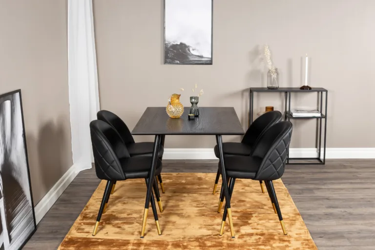 Must söögilauakomplekt Dipp (laud 120 cm, 4 musta PU-kattega tooli, kuldsete detailidega) - GR20006
