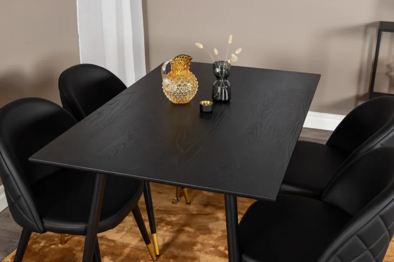 Must söögilauakomplekt Dipp (laud 120 cm, 4 musta PU-kattega tooli, kuldsete detailidega) - GR20006