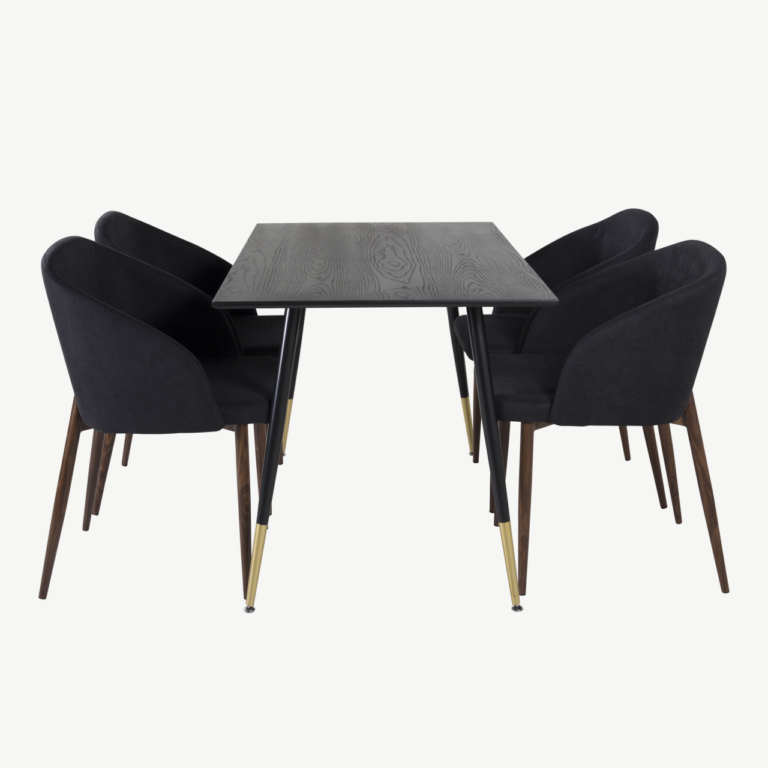Söögilauakomplekt Dipp & Arch, must tammevineer, 120 cm, mustad jalad kuldsete detailidega, musta kangaga toolid - GR20007