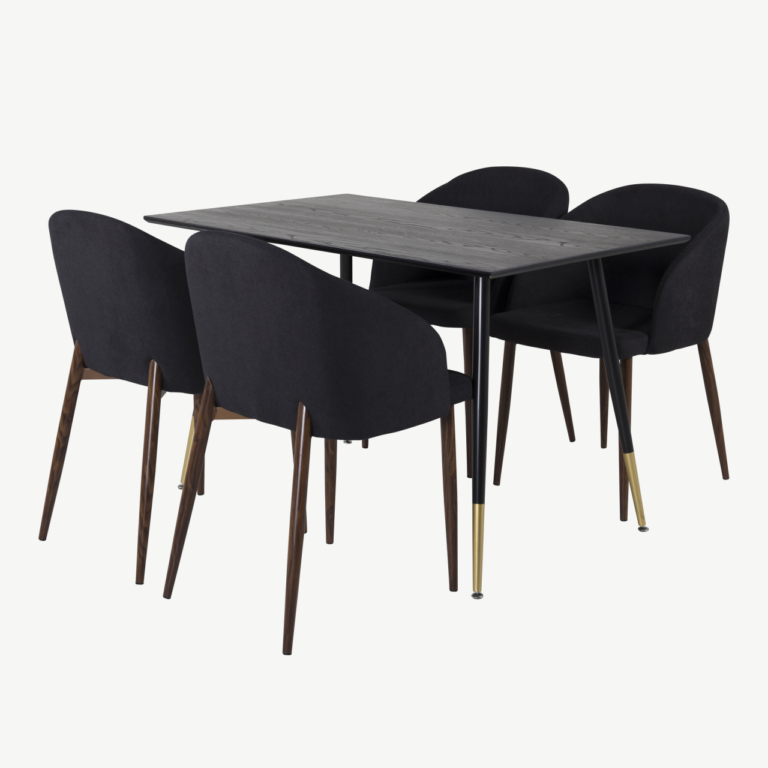 Söögilauakomplekt Dipp & Arch, must tammevineer, 120 cm, mustad jalad kuldsete detailidega, musta kangaga toolid - GR20007
