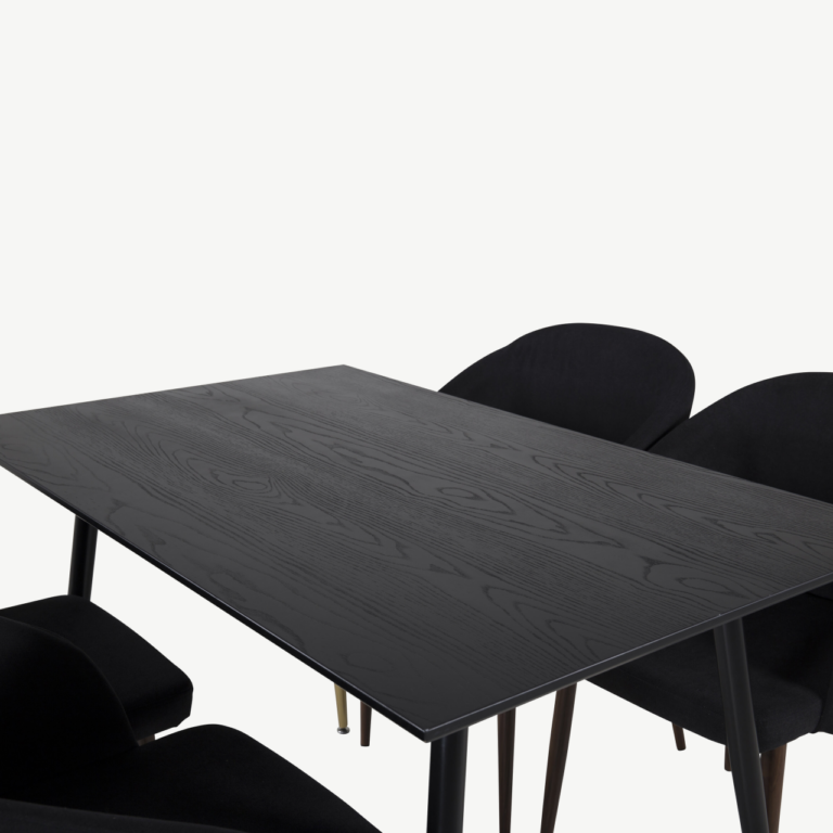 Söögilauakomplekt Dipp & Arch, must tammevineer, 120 cm, mustad jalad kuldsete detailidega, musta kangaga toolid - GR20007