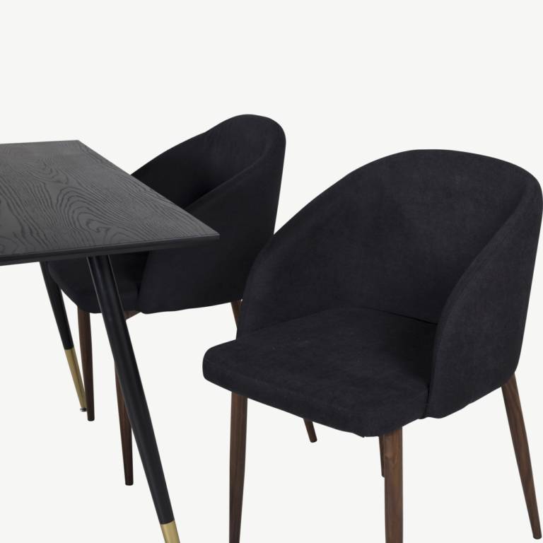 Söögilauakomplekt Dipp & Arch, must tammevineer, 120 cm, mustad jalad kuldsete detailidega, musta kangaga toolid - GR20007