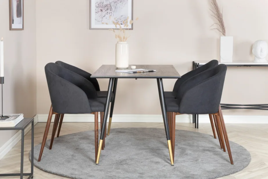 Söögilauakomplekt Dipp & Arch, must tammevineer, 120 cm, mustad jalad kuldsete detailidega, musta kangaga toolid, GR20007 – 5