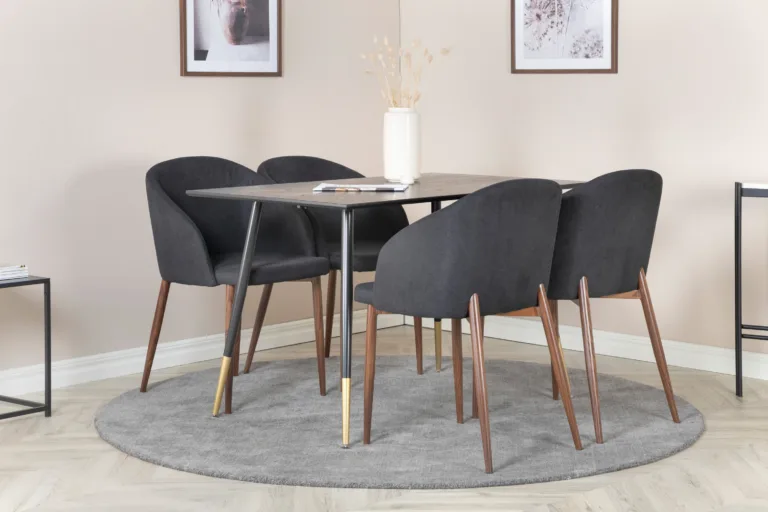 Söögilauakomplekt Dipp & Arch, must tammevineer, 120 cm, mustad jalad kuldsete detailidega, musta kangaga toolid - GR20007