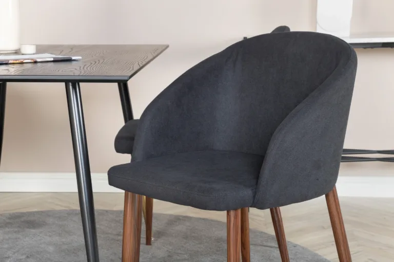 Söögilauakomplekt Dipp & Arch, must tammevineer, 120 cm, mustad jalad kuldsete detailidega, musta kangaga toolid - GR20007