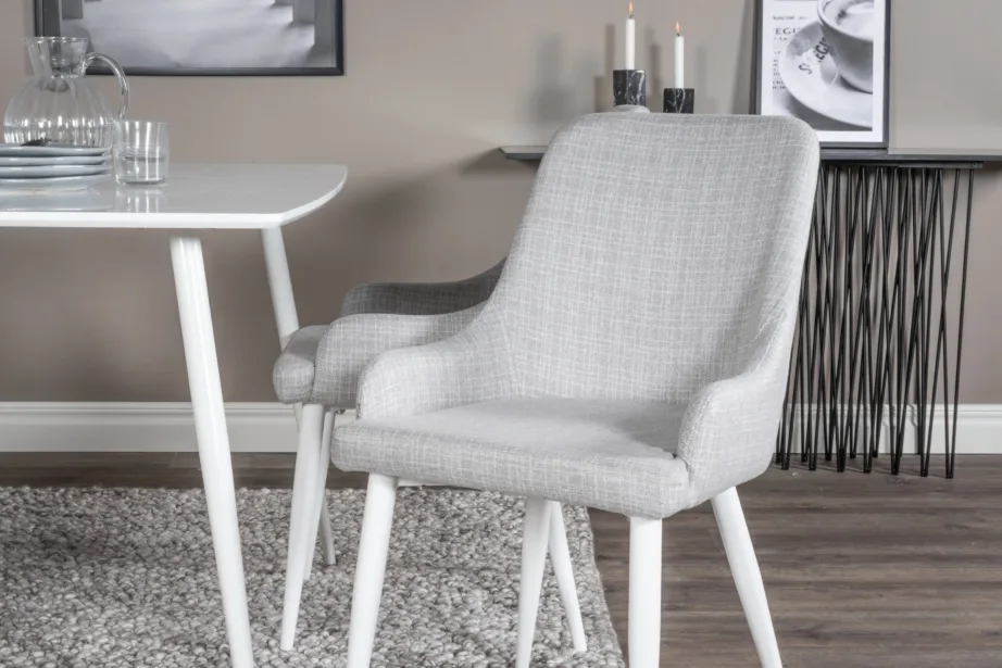 Polar ristkülikukujuline söögitoakomplekt – valge laud 6 halli polsterdatud tooliga, GR20026 – 6