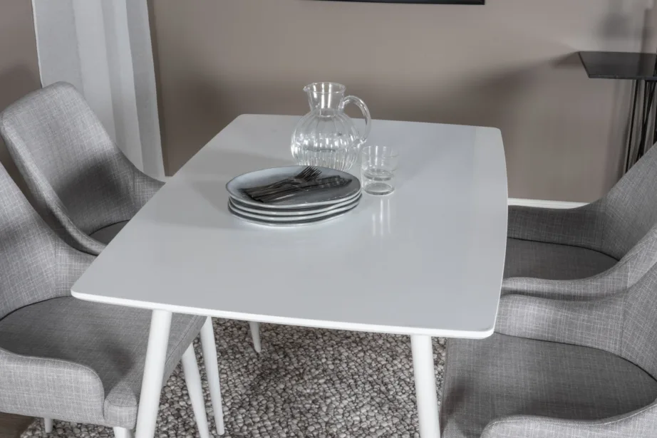 Polar ristkülikukujuline söögitoakomplekt – valge laud 6 halli polsterdatud tooliga, GR20026 – 7