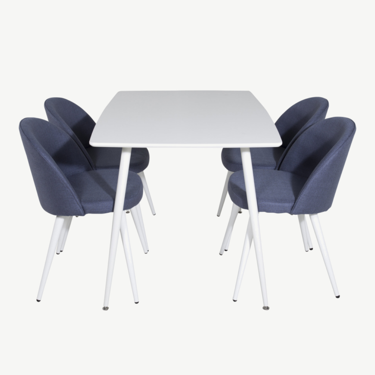 Polar valge söögilaud siniste samettoolidega (4 tk), MDF laud 120 × 80 cm - GR20027