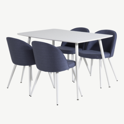 Polar valge söögilaud siniste samettoolidega (4 tk), MDF laud 120 × 80 cm - GR20027