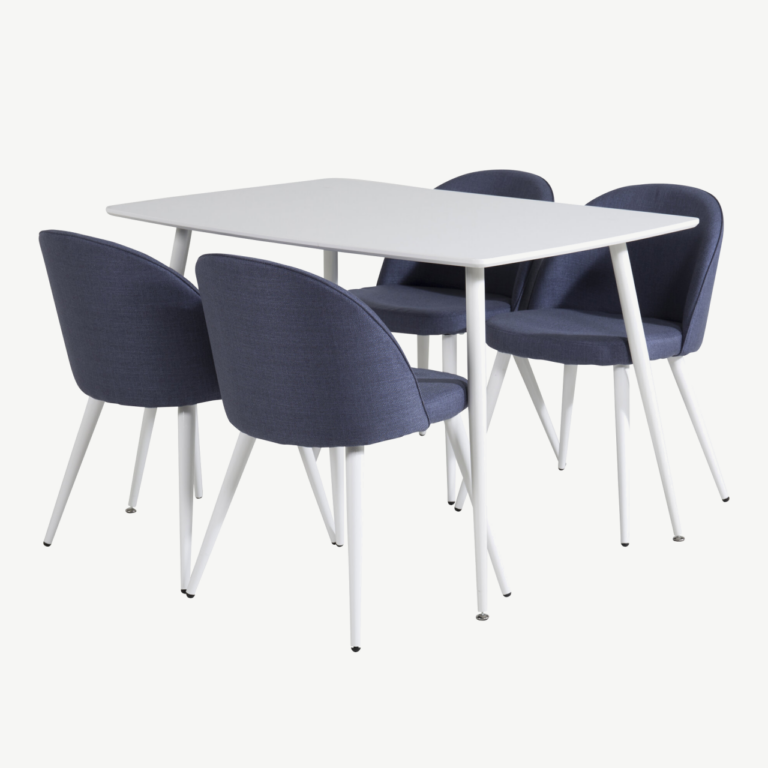 Polar valge söögilaud siniste samettoolidega (4 tk), MDF laud 120 × 80 cm - GR20027