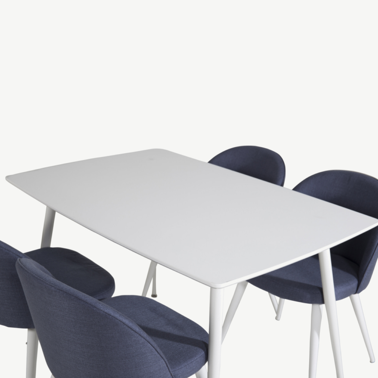 Polar valge söögilaud siniste samettoolidega (4 tk), MDF laud 120 × 80 cm - GR20027