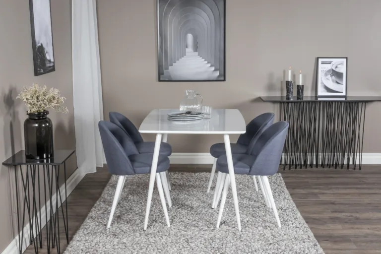 Polar valge söögilaud siniste samettoolidega (4 tk), MDF laud 120 × 80 cm - GR20027