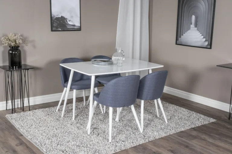 Polar valge söögilaud siniste samettoolidega (4 tk), MDF laud 120 × 80 cm - GR20027
