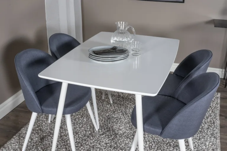 Polar valge söögilaud siniste samettoolidega (4 tk), MDF laud 120 × 80 cm - GR20027