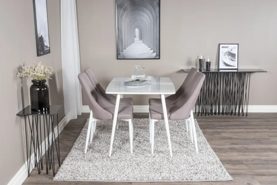 Polar valge ristkülikukujuline söögilauakomplekt hallide Leone toolidega, GR20039 – 4