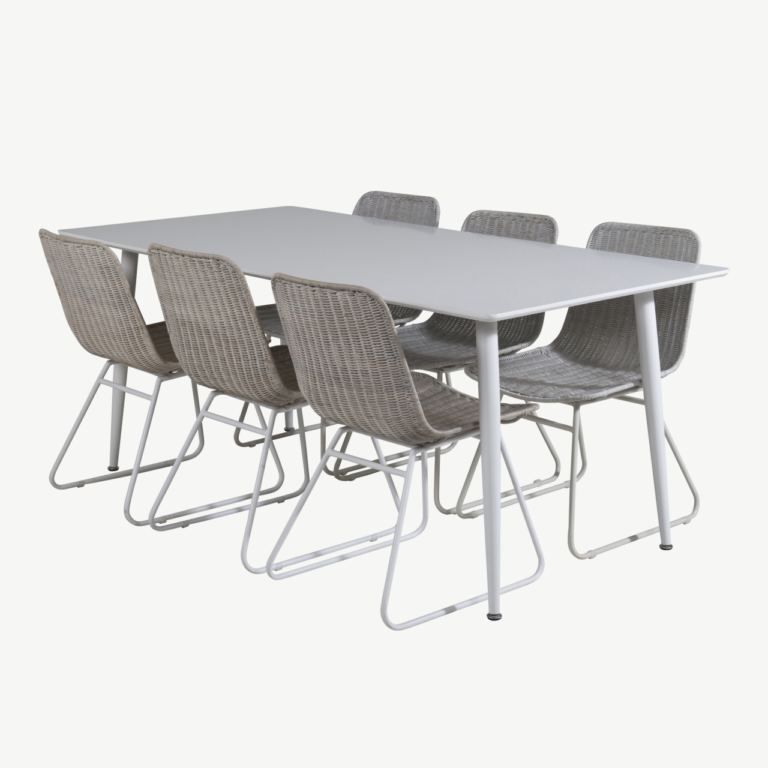 Söögitoa komplekt Polar valge MDF-laua ja 6 rotangist tooliga (180 cm) - GR20069