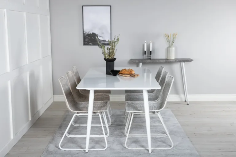 Söögitoa komplekt Polar valge MDF-laua ja 6 rotangist tooliga (180 cm) - GR20069