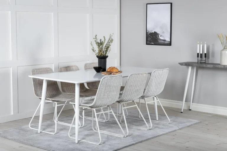 Söögitoa komplekt Polar valge MDF-laua ja 6 rotangist tooliga (180 cm) - GR20069