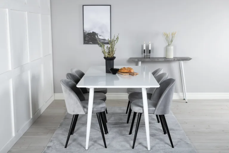 Valge söögilauakomplekt Polar söögilaud ja helehallid Velvet toolid (6 tk) - GR20072
