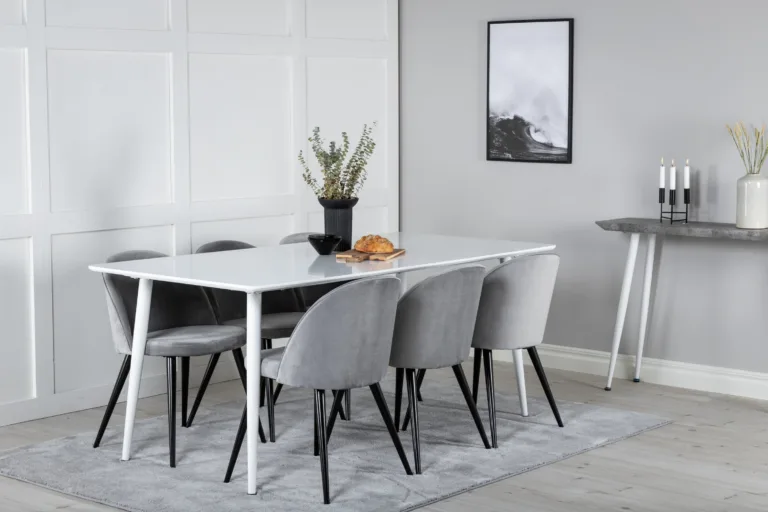 Valge söögilauakomplekt Polar söögilaud ja helehallid Velvet toolid (6 tk) - GR20072