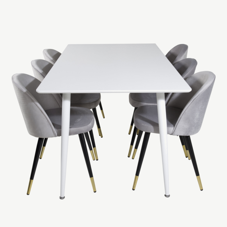 Polar ristkülikukujuline valge söögilaud ja 6 helehalli velvetkattega tooli (MDF, mustad ja kuldsed detailid) - GR20073