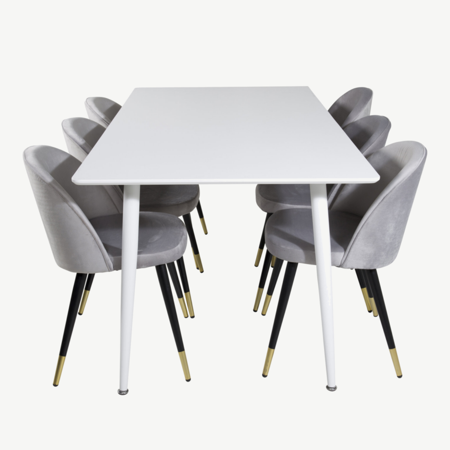 Polar ristkülikukujuline valge söögilaud ja 6 helehalli velvetkattega tooli (MDF, mustad ja kuldsed detailid), GR20073 – 2