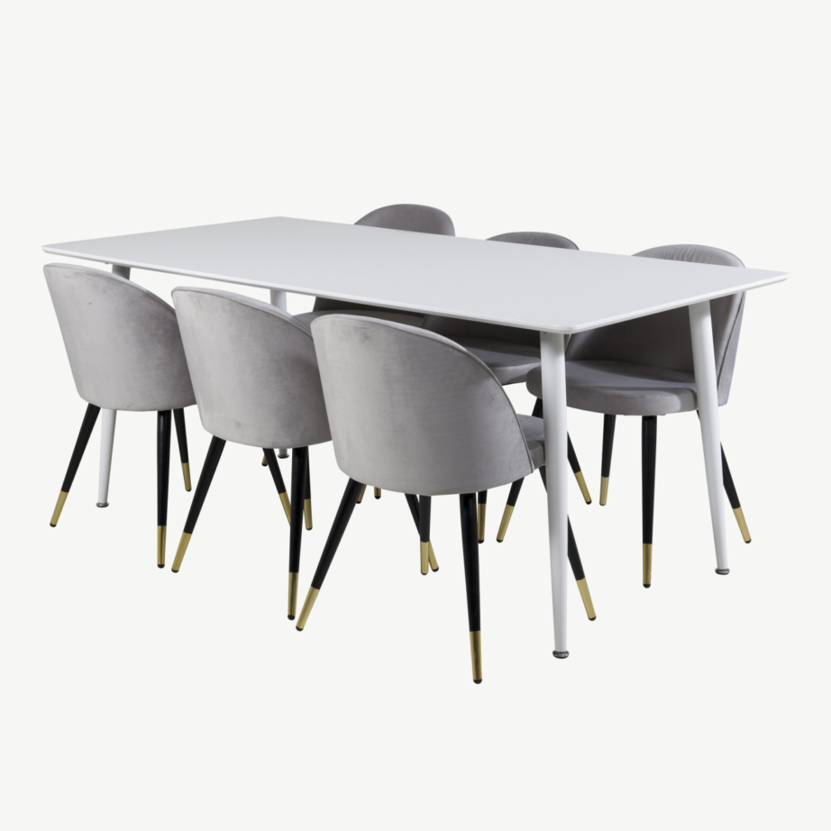 Polar ristkülikukujuline valge söögilaud ja 6 helehalli velvetkattega tooli (MDF, mustad ja kuldsed detailid), GR20073