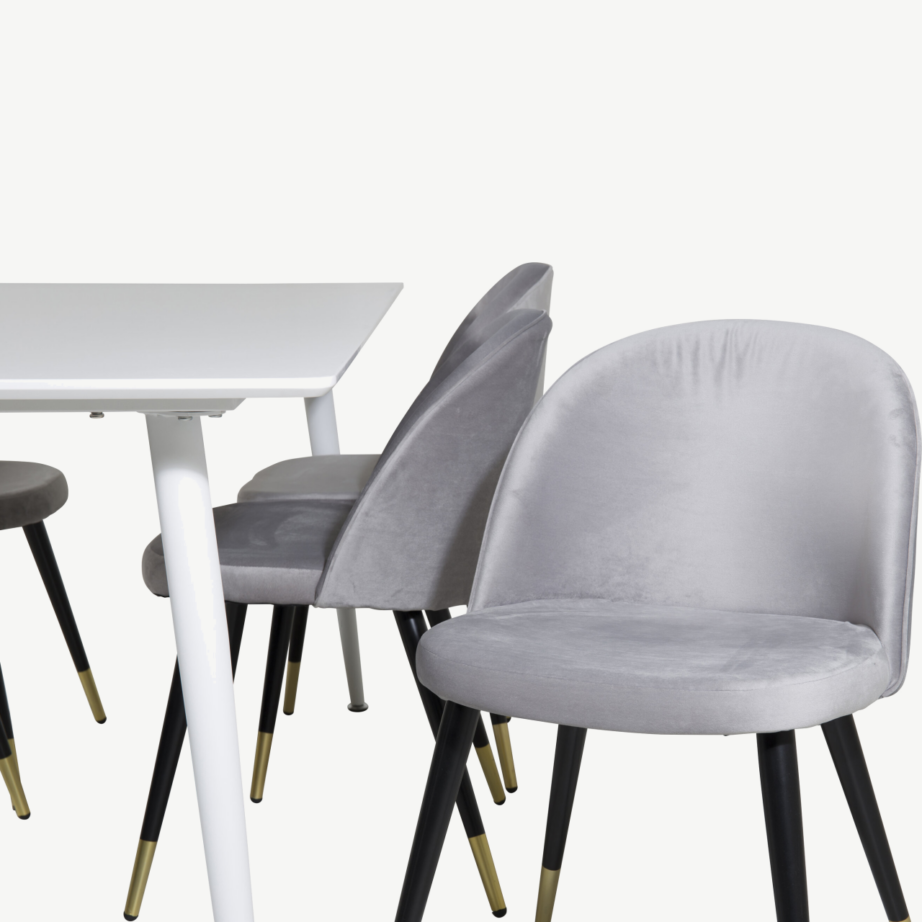 Polar ristkülikukujuline valge söögilaud ja 6 helehalli velvetkattega tooli (MDF, mustad ja kuldsed detailid), GR20073 – 3
