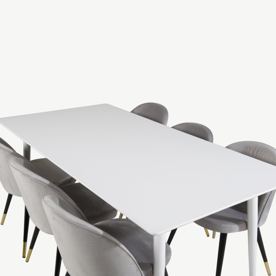 Polar ristkülikukujuline valge söögilaud ja 6 helehalli velvetkattega tooli (MDF, mustad ja kuldsed detailid), GR20073 – 4