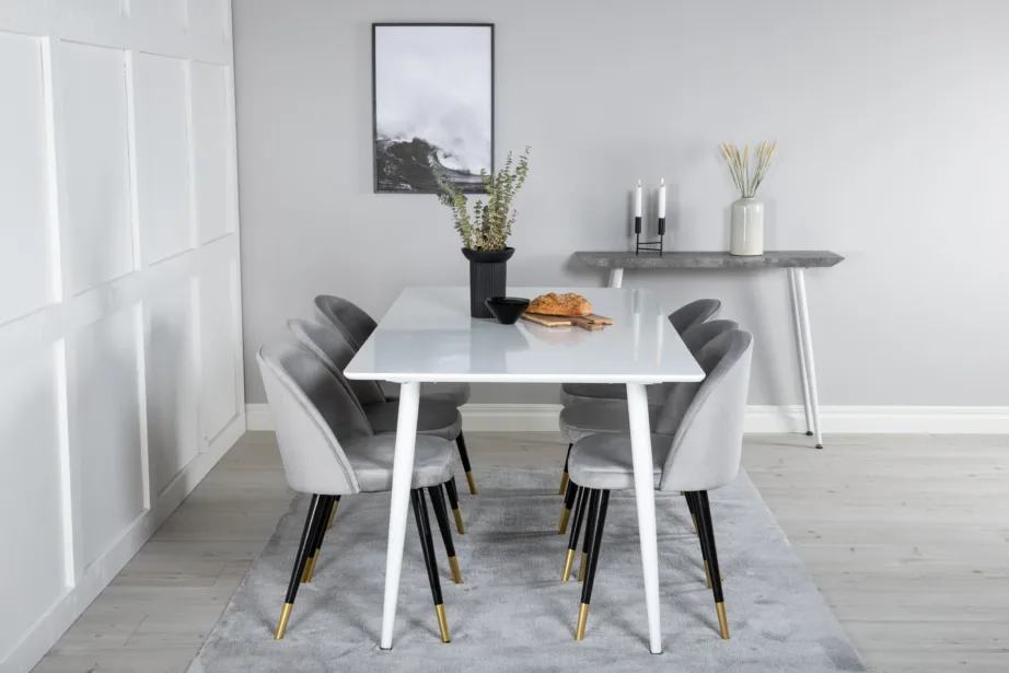 Polar ristkülikukujuline valge söögilaud ja 6 helehalli velvetkattega tooli (MDF, mustad ja kuldsed detailid), GR20073 – 5