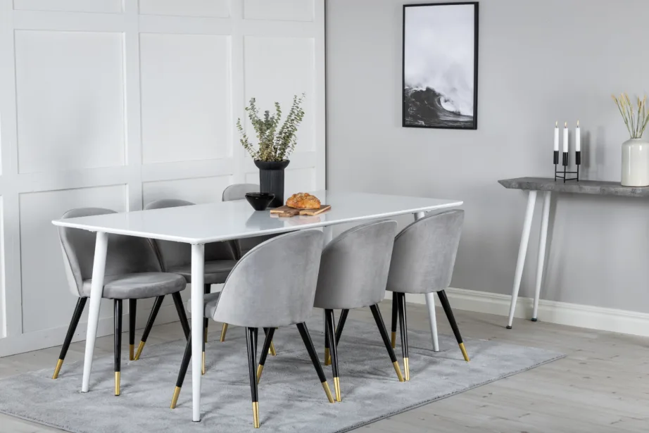 Polar ristkülikukujuline valge söögilaud ja 6 helehalli velvetkattega tooli (MDF, mustad ja kuldsed detailid), GR20073 – 6