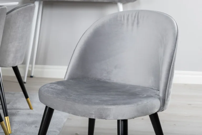 Polar ristkülikukujuline valge söögilaud ja 6 helehalli velvetkattega tooli (MDF, mustad ja kuldsed detailid) - GR20073