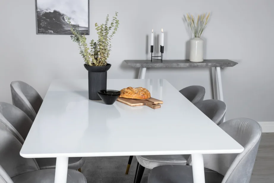 Polar ristkülikukujuline valge söögilaud ja 6 helehalli velvetkattega tooli (MDF, mustad ja kuldsed detailid), GR20073 – 8