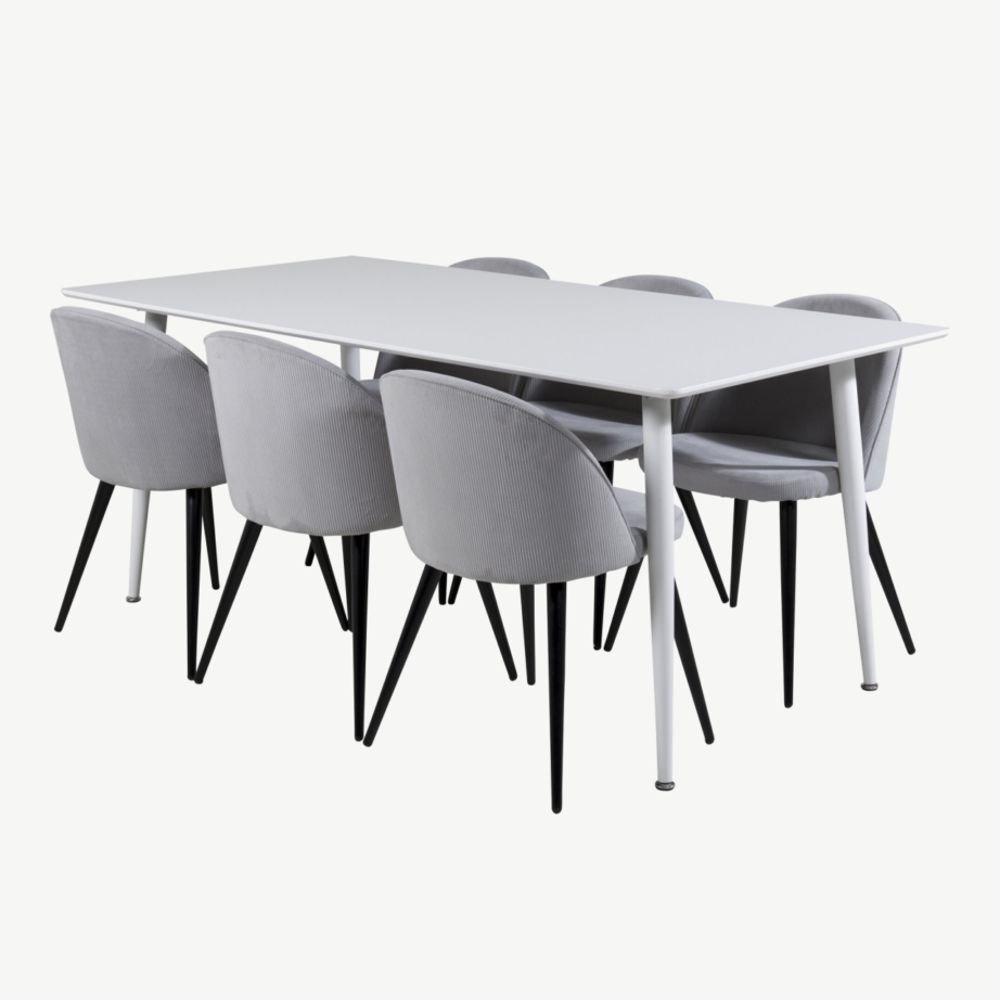 Valge söögilauakomplekt Polar 180 cm ja helehallid Velvet toolid, GR20075