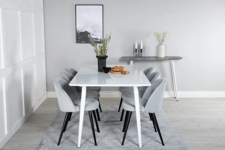 Valge söögilauakomplekt Polar 180 cm ja helehallid Velvet toolid - GR20075