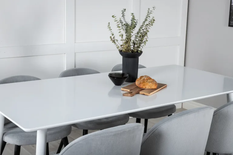 Valge söögilauakomplekt Polar 180 cm ja helehallid Velvet toolid - GR20075