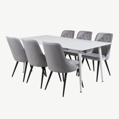 Polar ristkülikukujuline valge söögilaud helehallide Velvet Deluxe toolidega - GR20076