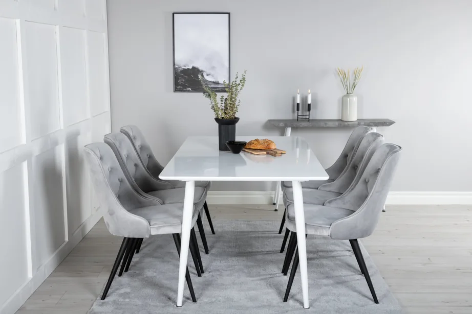 Polar ristkülikukujuline valge söögilaud helehallide Velvet Deluxe toolidega, GR20076 – 5