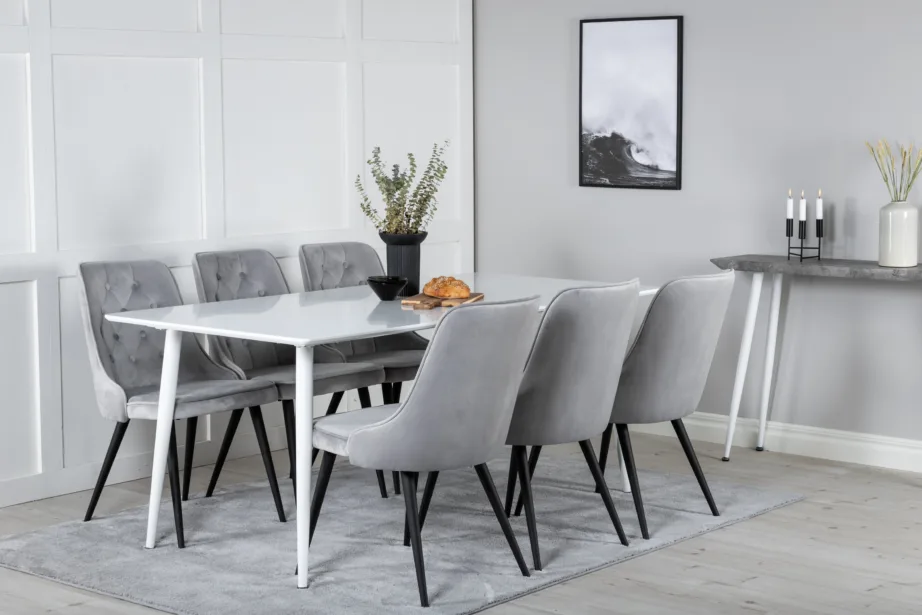 Polar ristkülikukujuline valge söögilaud helehallide Velvet Deluxe toolidega, GR20076 – 6