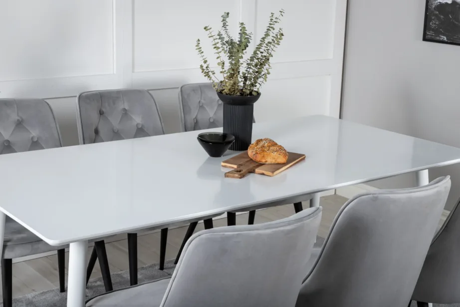 Polar ristkülikukujuline valge söögilaud helehallide Velvet Deluxe toolidega, GR20076 – 8