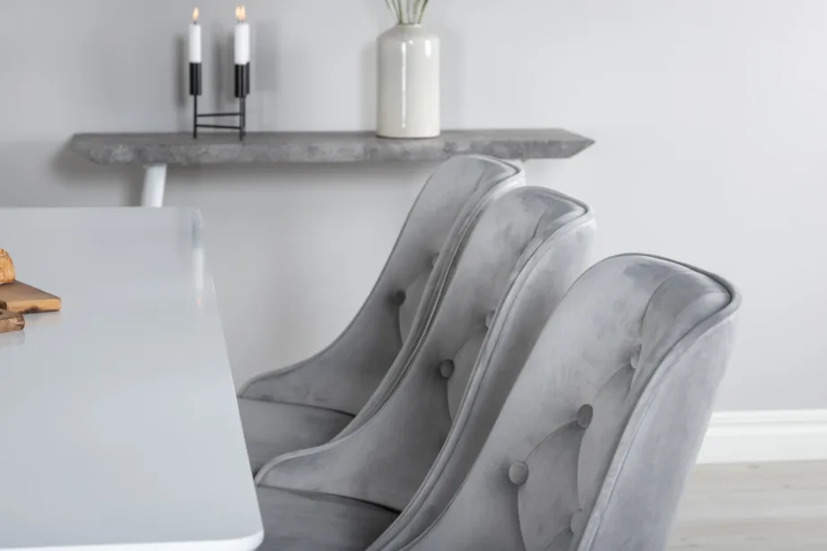 Polar ristkülikukujuline valge söögilaud helehallide Velvet Deluxe toolidega, GR20076 – 9