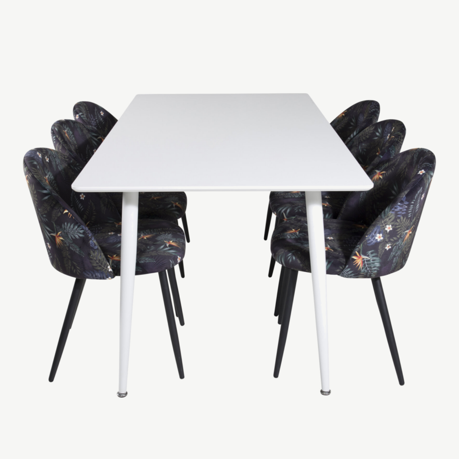 Polar valge söögilauakomplekt musta sametkattega lillemustriliste toolidega, GR20078 – 2