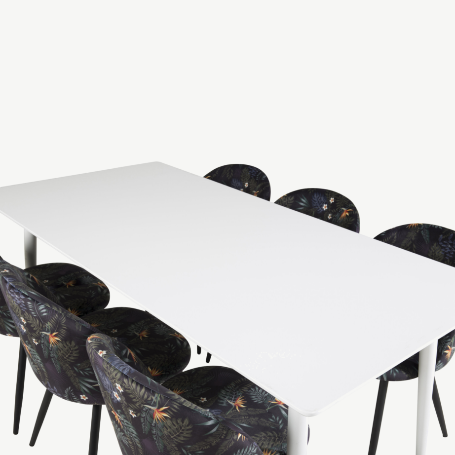 Polar valge söögilauakomplekt musta sametkattega lillemustriliste toolidega, GR20078 – 4