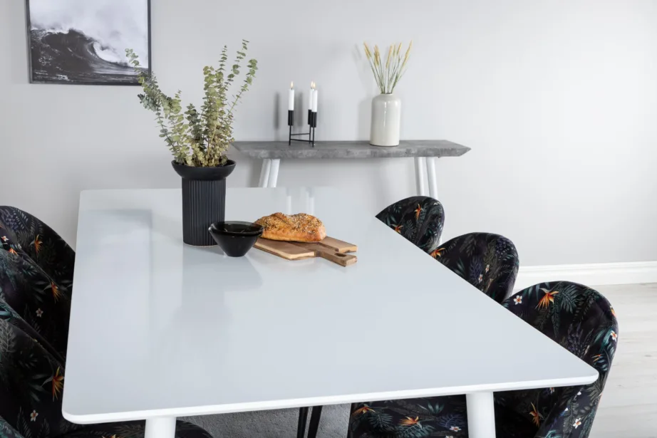 Polar valge söögilauakomplekt musta sametkattega lillemustriliste toolidega, GR20078 – 8