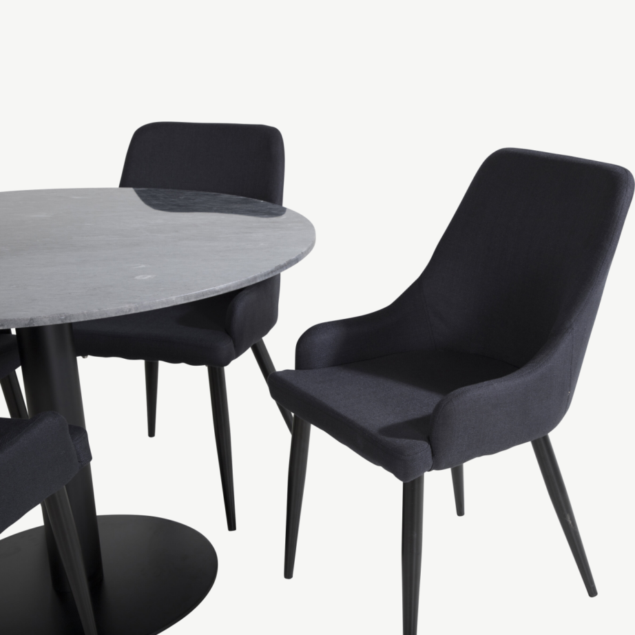 Estelle ümmargune marmorlauaga söögilaud ja mustad Plaza toolid, GR20145 – 2