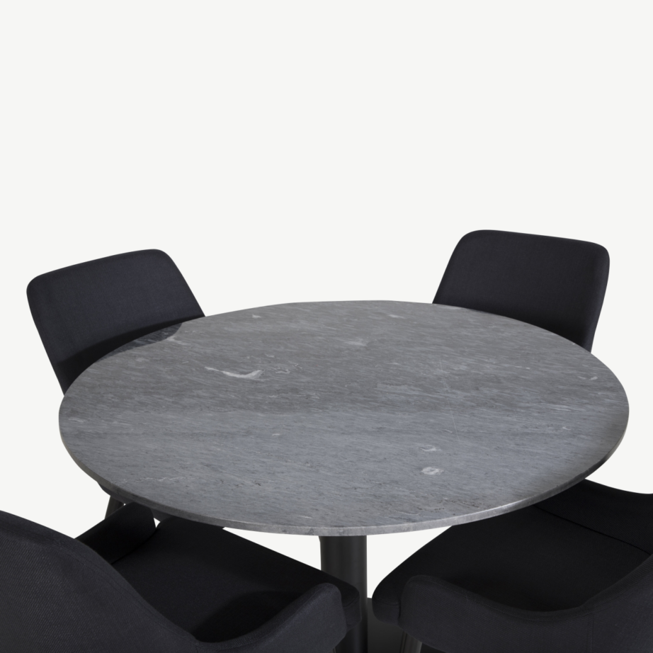 Estelle ümmargune marmorlauaga söögilaud ja mustad Plaza toolid, GR20145 – 3