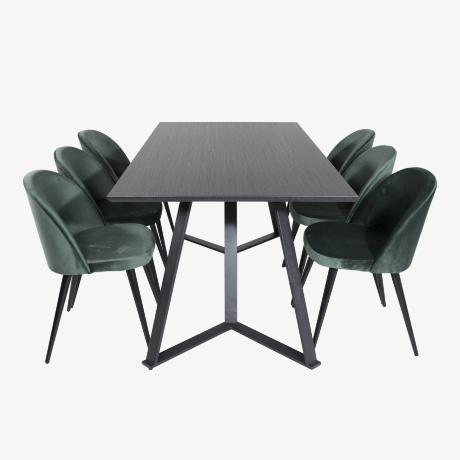 Marina ristkülikukujuline söögilaud musta lauaplaadiga ja sametist roheliste toolidega, GR20218 – 2