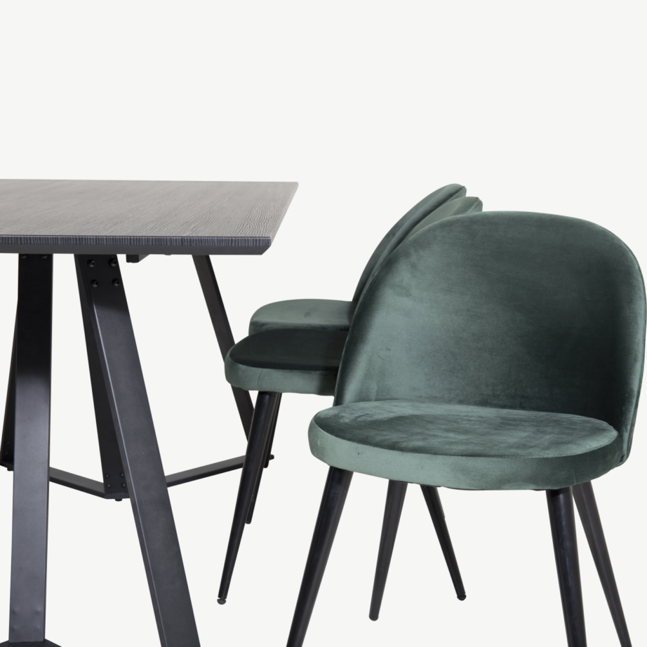 Marina ristkülikukujuline söögilaud musta lauaplaadiga ja sametist roheliste toolidega, GR20218 – 3